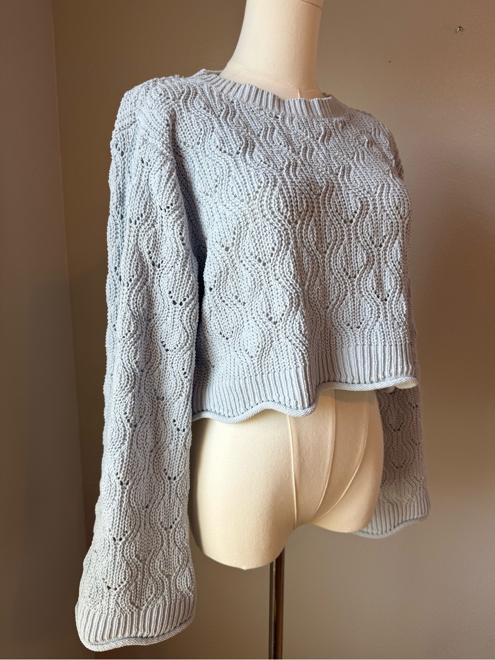 NWOT Cupcake Blue Pointelle Knit Bell Sleeve Cropped Sweater Size Small
